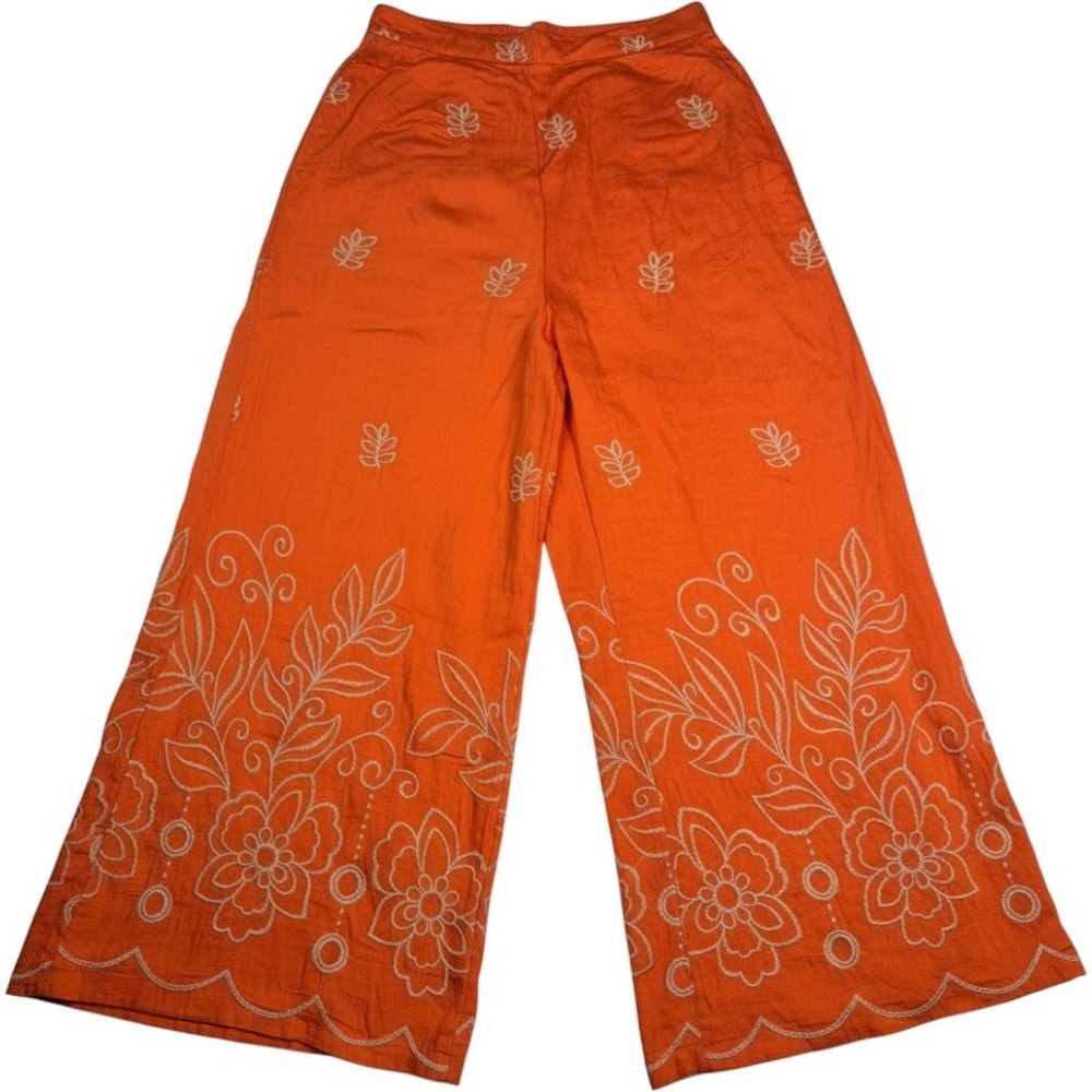 Women's Orange with White Embroidered Wide Leg Flowy Palazzo Pants XL NWT
